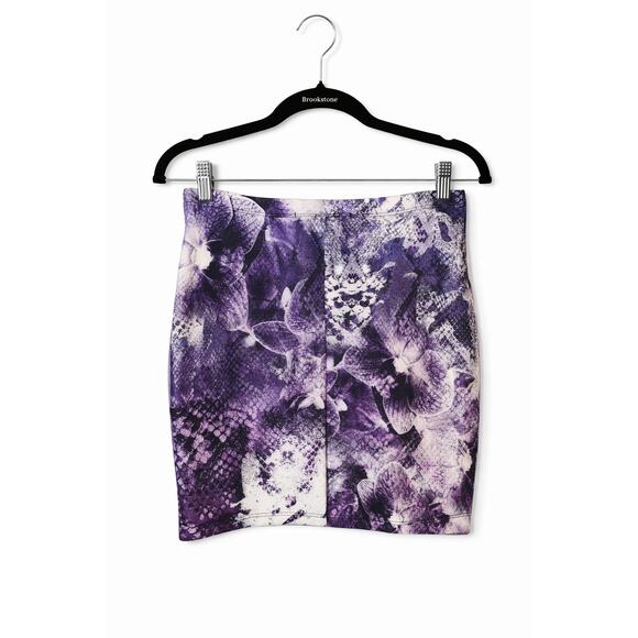 Johanne Beck Purple Blue Orchid Print Stretch Pencil Mini Skirt Size S Made USA - Picture 3 of 5